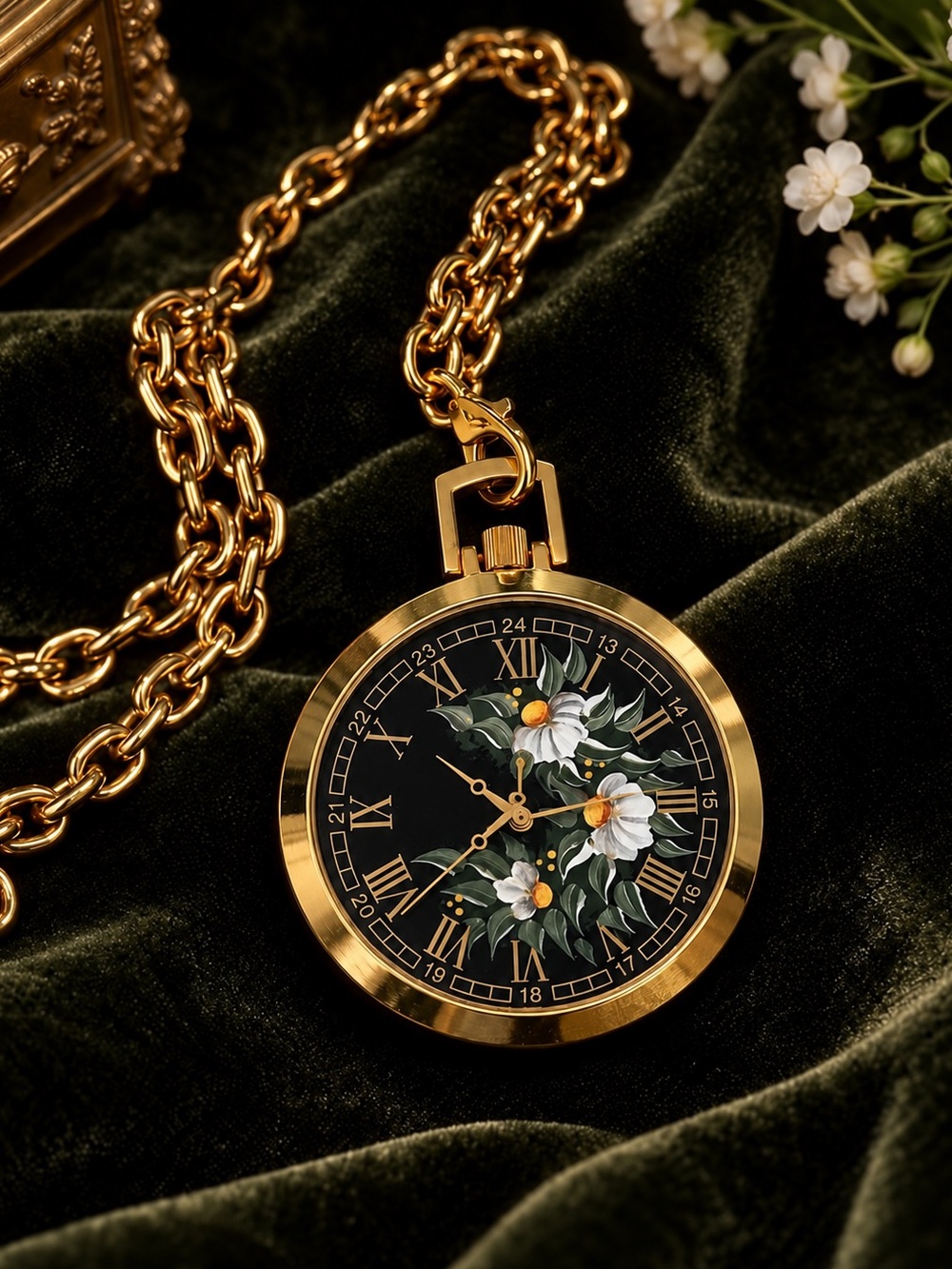 Vintage 18K Gold Plated Floral Japan Quartz 24-Hour Pendant Watch | Bag Charm